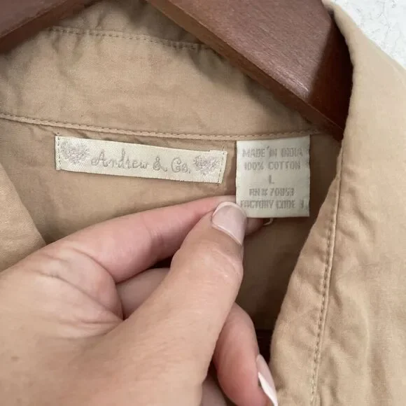 Andrew & Co Women’s Blouse L Tan Lace-Up Long Sleeve Victorian Romantic Cotton - Picture 7 of 10